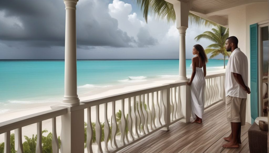 Leisurely balcony moment with a traveler facing a bright Caribbean coastline