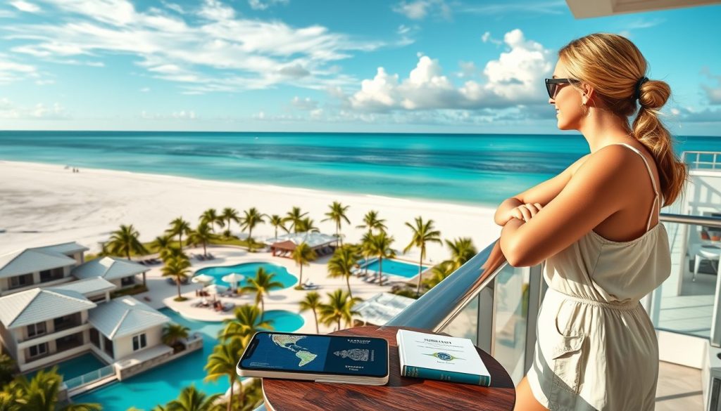 Modern oceanfront resort with sturdy buildings and relaxed guests, seen from a balcony where a traveler reviews travel documents and a Caribbean storm map