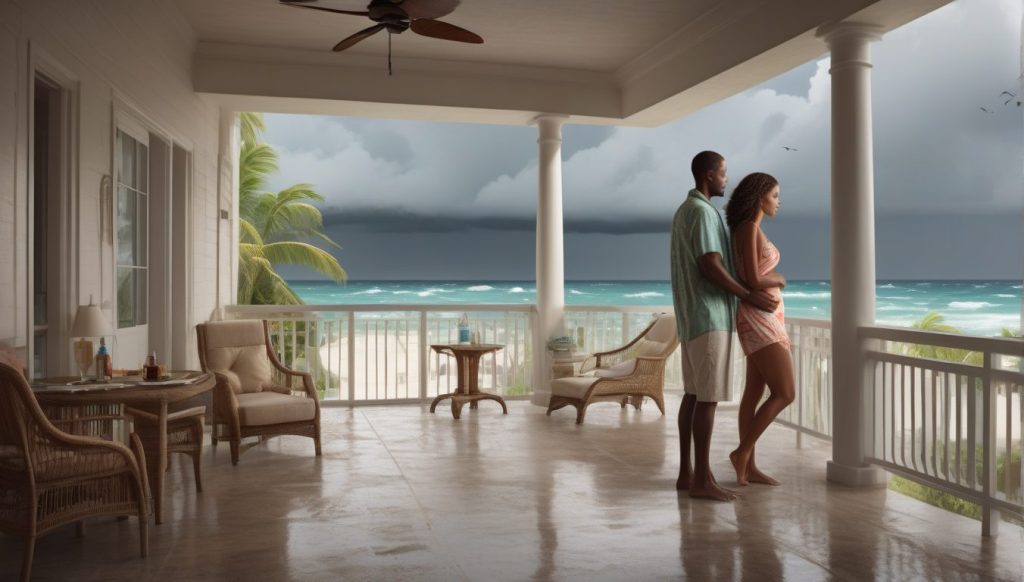 Couple standing on a covered balcony at a Caribbean resort, calmly watching dark storm clouds over the turquoise ocean and white-sand beach