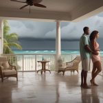 Couple standing on a covered balcony at a Caribbean resort, calmly watching dark storm clouds over the turquoise ocean and white-sand beach