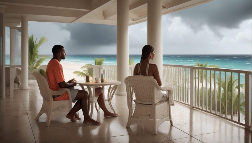 Caribbean beachfront resort balcony with a couple embracing at the railing as dark clouds gather over the sea but the scene feels calm and safe