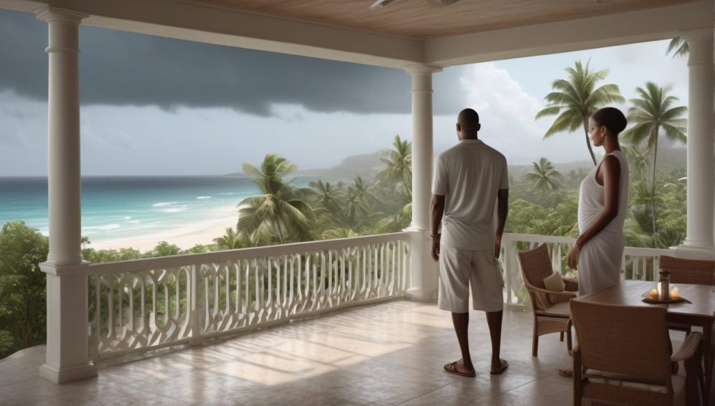Couple on a spacious porch with wicker chairs, gazing toward darkening clouds and rolling waves on a tropical Caribbean coastline