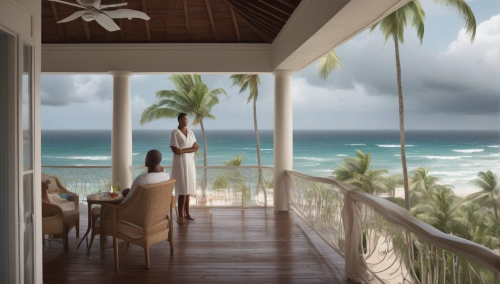 Ocean-view veranda at a Caribbean resort where a couple quietly observes storm bands on the horizon above palm trees and bright surf