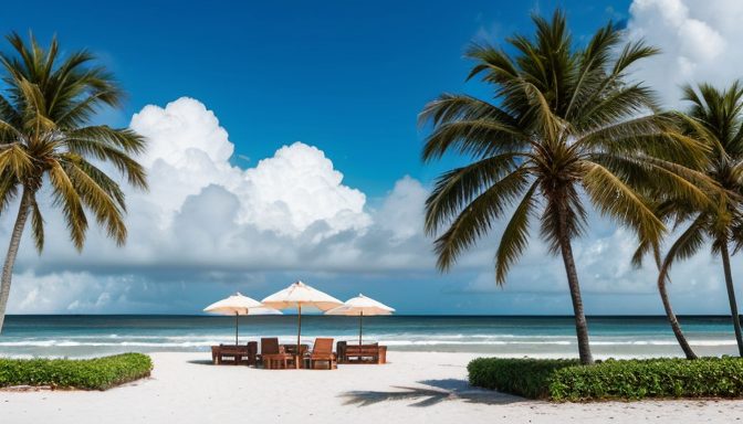 Tropical resort scene with empty lounge chairs, closed umbrellas