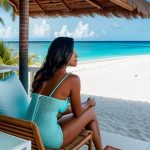 Woman in a teal swimsuit relaxing on a balcony chair, looking out over a quiet white-sand Caribbean beach and turquoise water