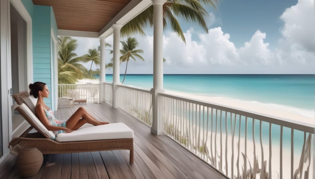 Guest in a swimsuit sits on a shaded balcony with cushions and a teapot, overlooking a pristine tropical beach and clear blue ocean