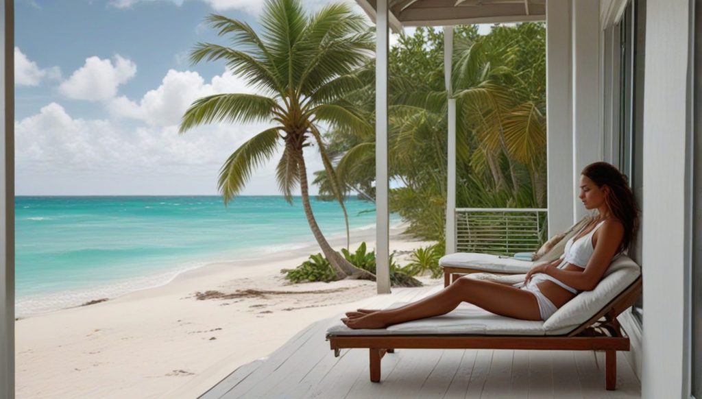 Private oceanfront terrace scene showing a woman in a aqua swimsuit admiring the calm Caribbean shoreline and palm-fringed beach
