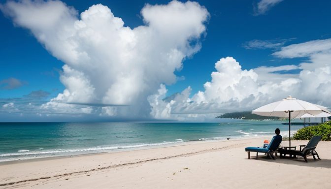 Serene tropical resort with empty lounge chairs and closed umbrellas as a faint hurricane swirls in the distant sky over calm water