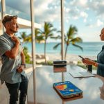 Guest in casual clothes consults with a front desk agent in a modern oceanview lobby, large windows framing palm trees and the beach outside