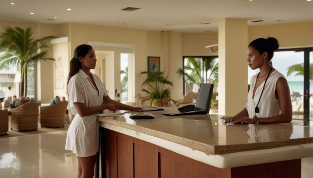 Woman standing at a Caribbean resort front desk, speaking with a receptionist in a bright lobby with palm trees and beach views outside