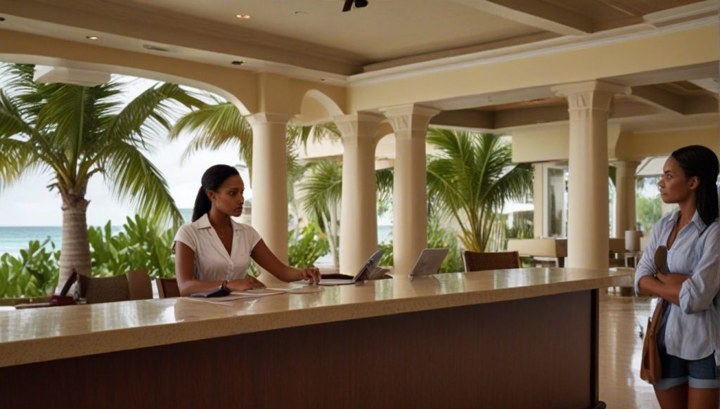 Resort receptionist assisting a female guest at a marble-topped front desk, large windows behind them revealing palm trees and the ocean