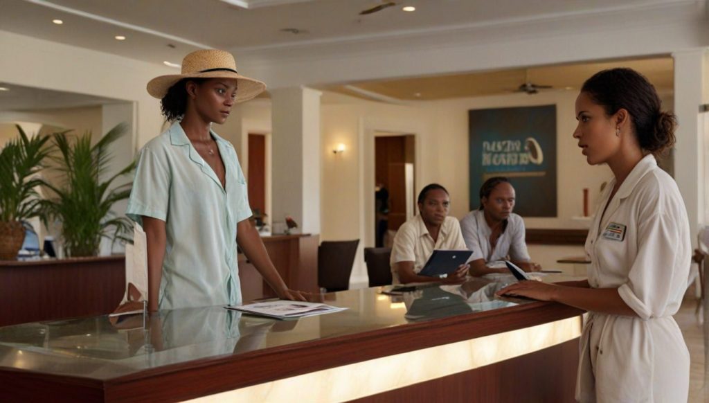 Front desk interaction between a resort guest and receptionist in a spacious tropical lobby with neutral decor and indoor palm trees.