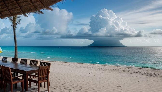 Peaceful resort beach with untouched sand and neatly arranged chairs, distant hurricane system ghosted in the otherwise clear blue sky