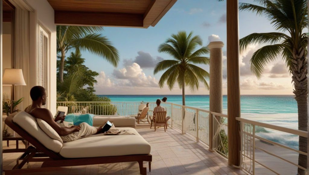 Open-air Caribbean resort balcony where a man lounges with a book and device as two people enjoy the ocean view under tall palm trees