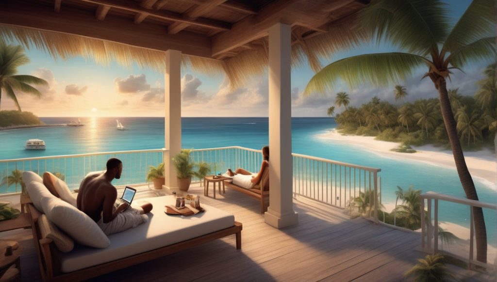 Oceanfront balcony scene with a guest reading beside an open laptop, couple seated ahead, and gentle waves sparkling beyond the rail