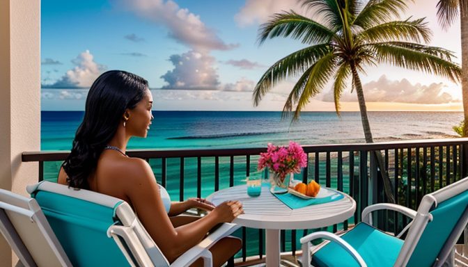 Relaxed beachfront stay showing a man stretched out on a daybed while others chat at the railing, waves rolling in below the palm-framed balcony
