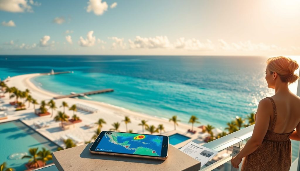 Low-risk Caribbean island resort with calm turquoise water, guests on a balcony near a phone displaying a gentle radar image and printed bookings