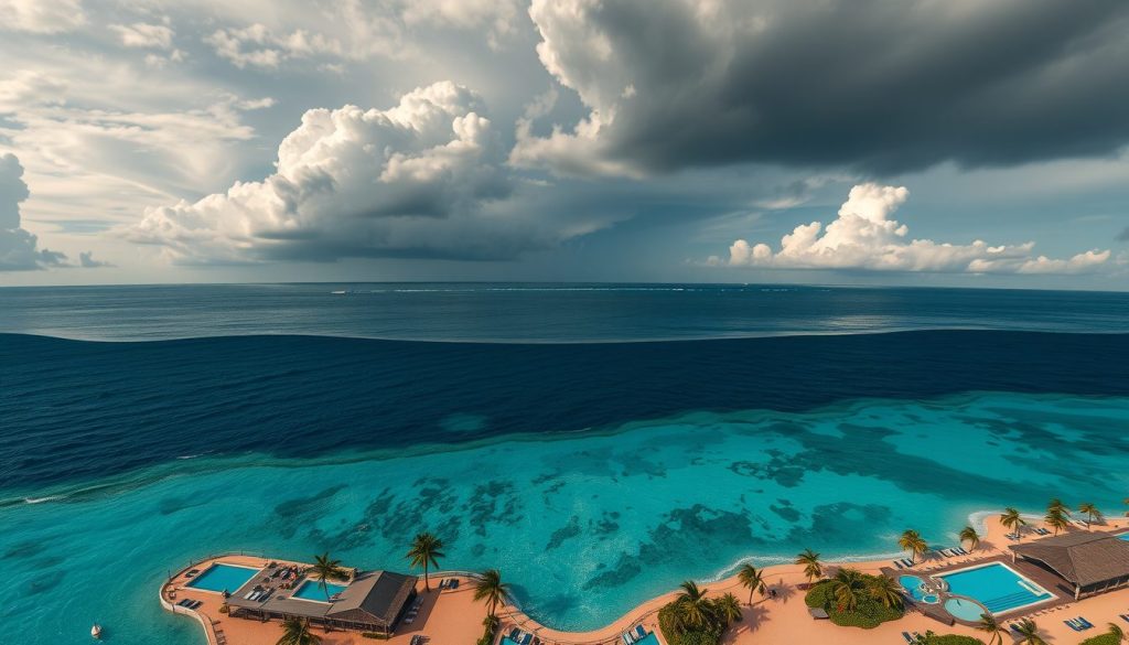 Curved band of cloud and storms over northern Caribbean waters, with quiet southern islands featuring beachfront resorts and relaxed guests by pools.