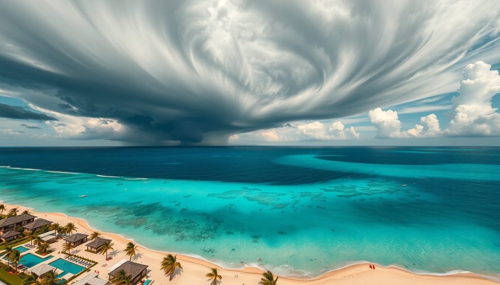Storm systems swirl over dark-blue northern Caribbean waters while far-southern islands below glow with clear skies, palm trees, and peaceful resorts.