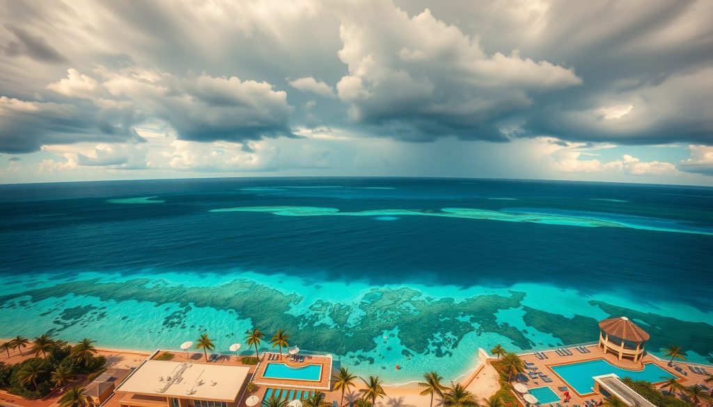 Map-like aerial scene of the Caribbean showing choppy stormy waters in the north and peaceful turquoise coves and resort islands in the far south