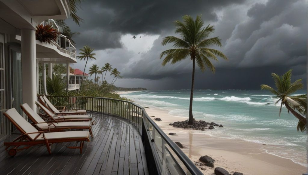 Stormy gray seas and dark clouds offshore while a calm Caribbean beachfront resort with palm trees and bright sand feels relaxed and secure