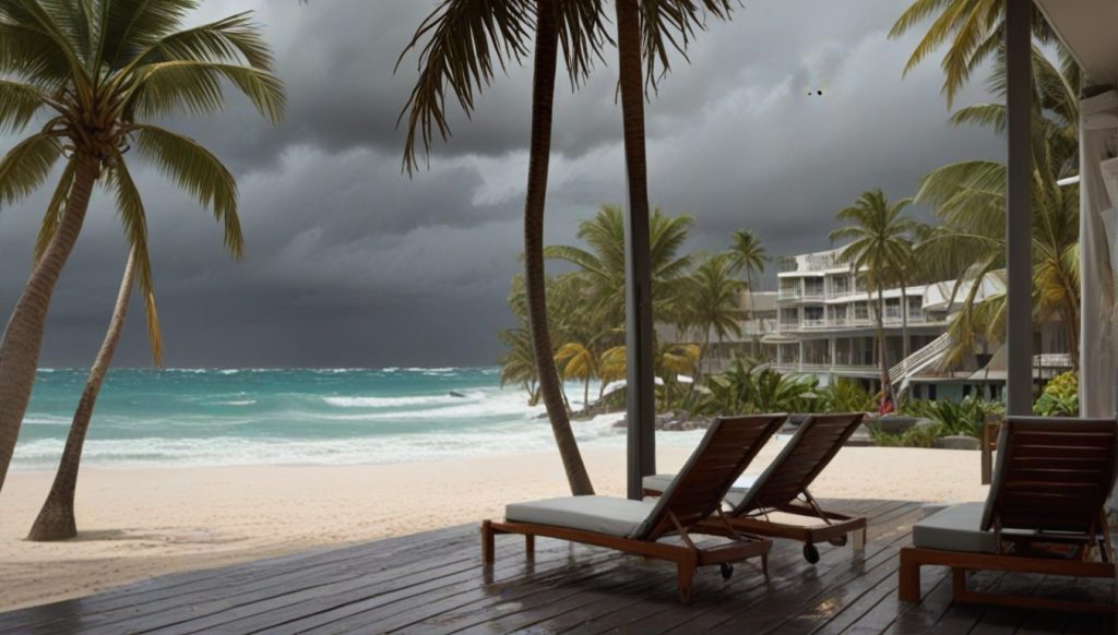 Calm guests stroll a white-sand Caribbean beach under blue skies while dark clouds and choppy water remain on the distant horizon