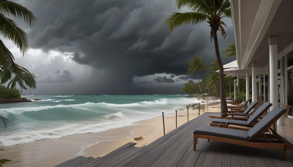 Beachfront terrace scene where a traveler studies a map on a laptop beside neatly stacked documents, with distant stormy seas beyond a calm resort