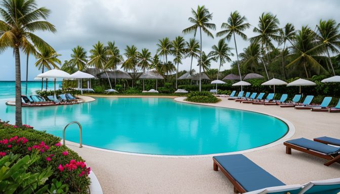 Modern Caribbean beachfront resort with a turquoise pool, white-sand beach, and gently swaying palms under partly cloudy skies and distant storm clouds