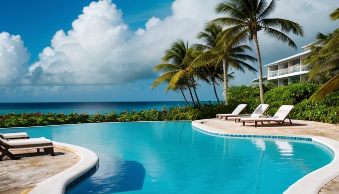 Tropical storm season scene at a Caribbean beachfront resort with peaceful pool area, white-sand shoreline, and distant dark clouds over the sea