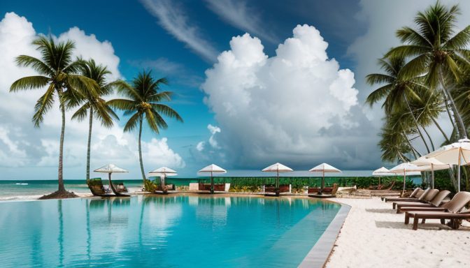 Soft late-afternoon light on a Caribbean resort with a turquoise pool, white-sand beach, and palm trees contrasted against distant, darkening storm clouds