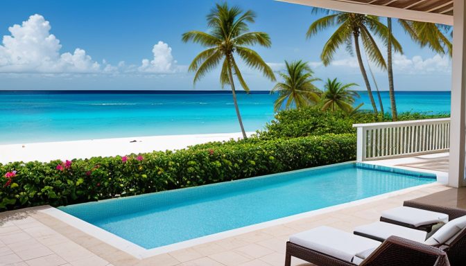 Table on a covered terrace holding a passport, travel documents, and a phone with a weather radar screen, facing peaceful pools and a bright Caribbean shoreline
