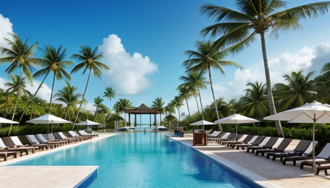 Calm resort grounds with turquoise pools, neatly arranged loungers, and swaying palms, while darker storm clouds form far out over the Caribbean Sea