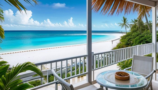 Quiet balcony view of a Caribbean resort’s pools and beach, small table set with travel papers and a phone radar display as distant clouds hint at storms