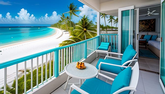 Private balcony overlooking a calm Caribbean beach and turquoise water, with a coffee cup, passport, documents, and smartphone on a small table.