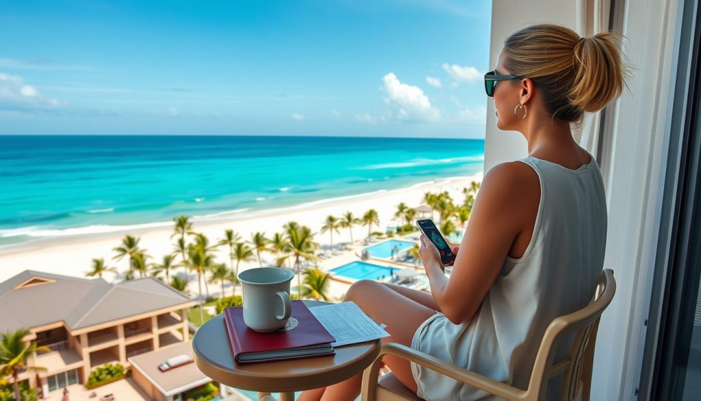 Modern Caribbean beachfront resort seen from a balcony, sturdy buildings, pools, and palm trees below, table holding passport, documents, and a phone