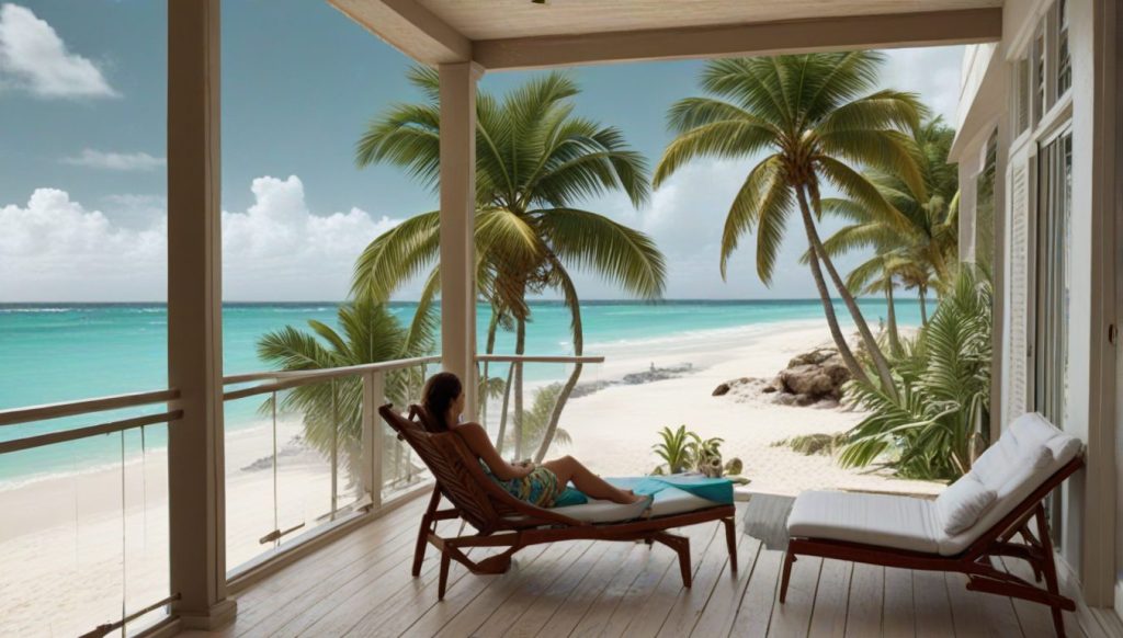 Early light over a Caribbean resort with turquoise water and palm trees, balcony rail in front of a table