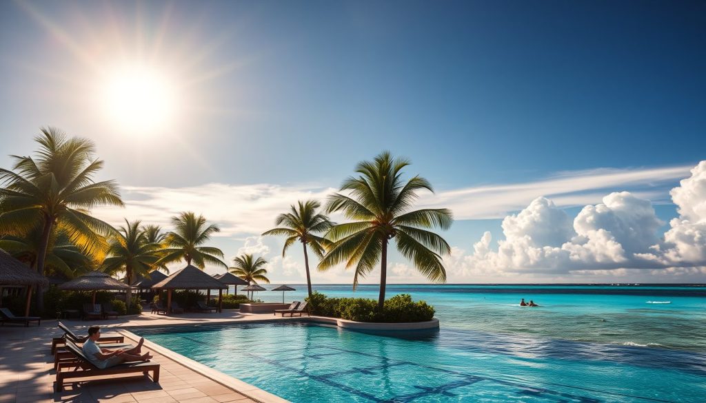 A Caribbean beachfront resort with turquoise waters and palm trees under bright August sun 