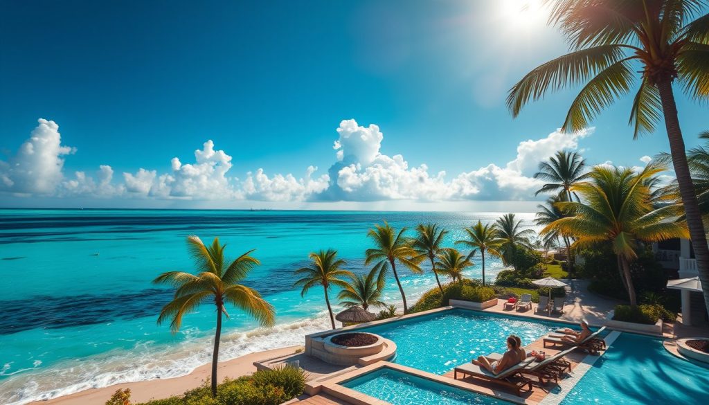 A Caribbean beachfront resort with turquoise waters and palm trees under bright August sun 