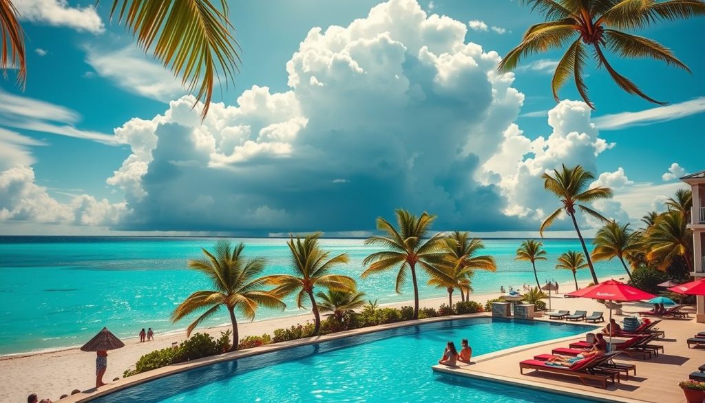 A Caribbean beachfront resort with turquoise waters and palm trees under bright August sun