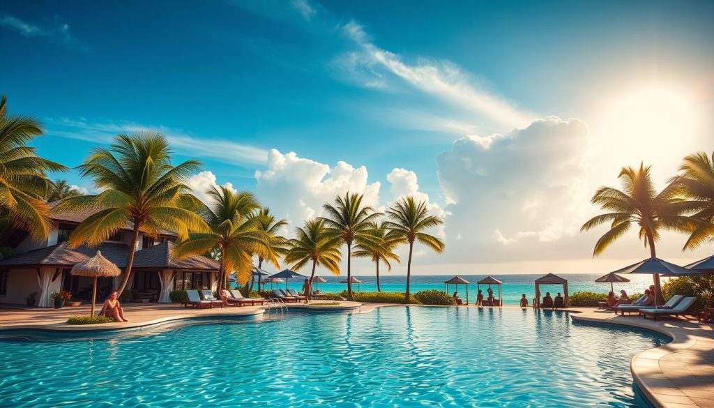 A Caribbean beachfront resort with turquoise waters and palm trees under bright August sun 