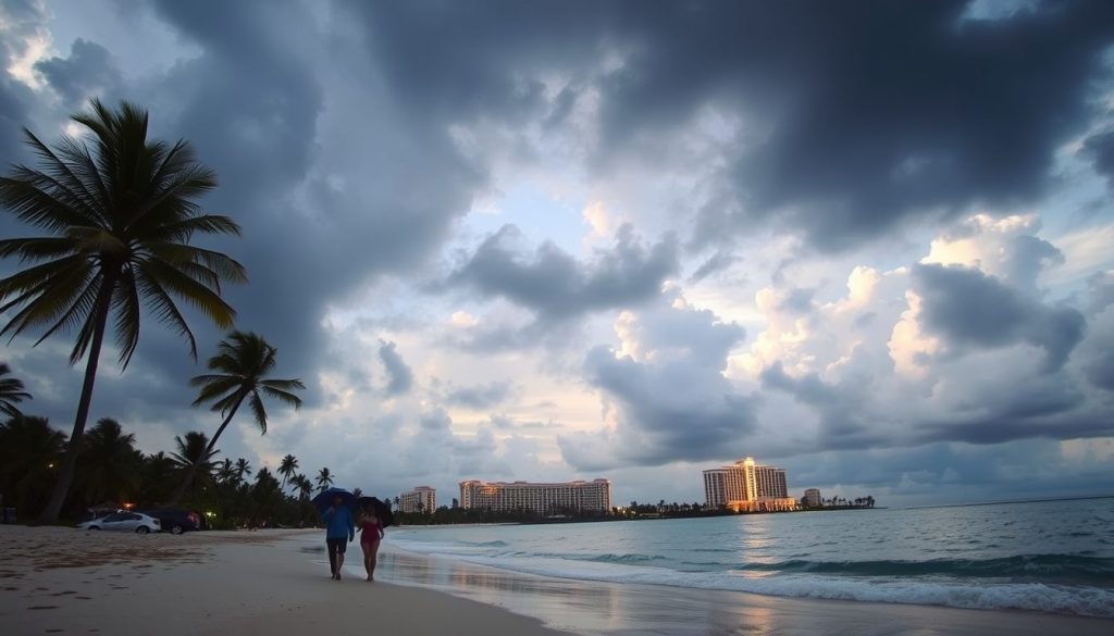 Caribbean beach with mixed September weather—sunshine, storm clouds, and resort guests with umbrellas