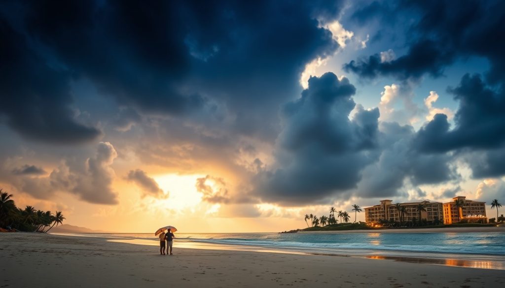 Caribbean beach with mixed September weather—sunshine, storm clouds, and resort guests with umbrellas