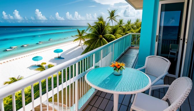 Oceanfront resort balcony featuring white chairs and a teal tabletop above a pristine white-sand Caribbean shoreline and shallow blue lagoon.