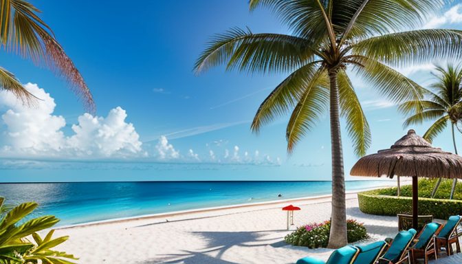 Palm-fringed Caribbean beach with white sand, turquoise water, and teal loungers under thatched umbrellas on a sunny day