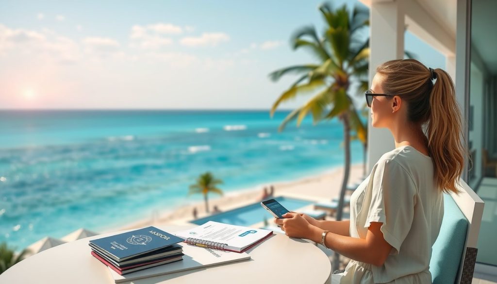Woman with a ponytail seated on a cushioned chair, planning her trip with documents and a passport while overlooking a sunlit tropical beach