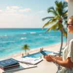 Woman with a ponytail seated on a cushioned chair, planning her trip with documents and a passport while overlooking a sunlit tropical beach