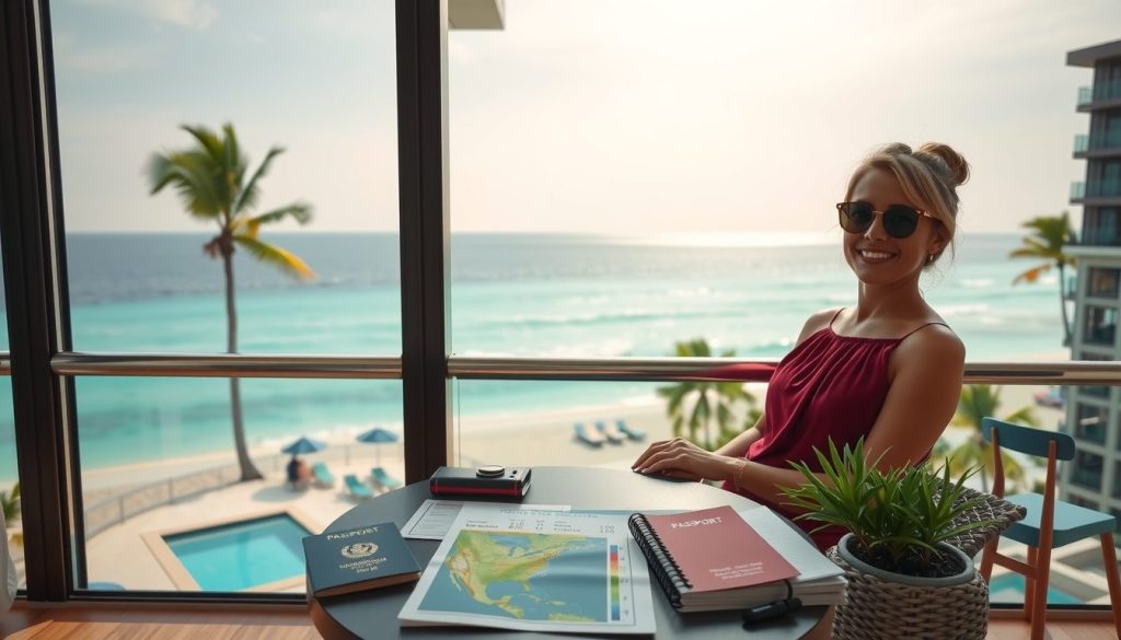 Balcony scene at a Caribbean resort where a woman relaxes at a table with passports and notebooks, turquoise waves and palm trees in the background