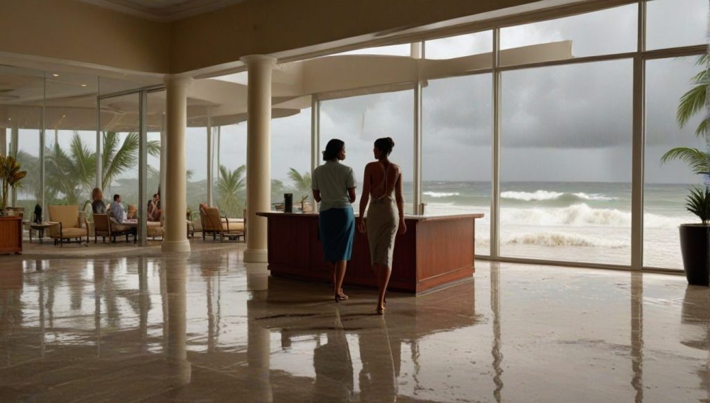 Secure resort lobby facing a rough ocean view, couple speaking with concierge about hurricane-season updates as other guests wait with suitcases