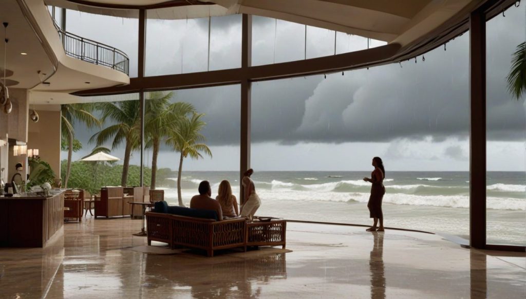 Indoor scene of a Caribbean resort during hurricane season, staff sharing safety information at the front desk while guests read and chat in a calm lounge