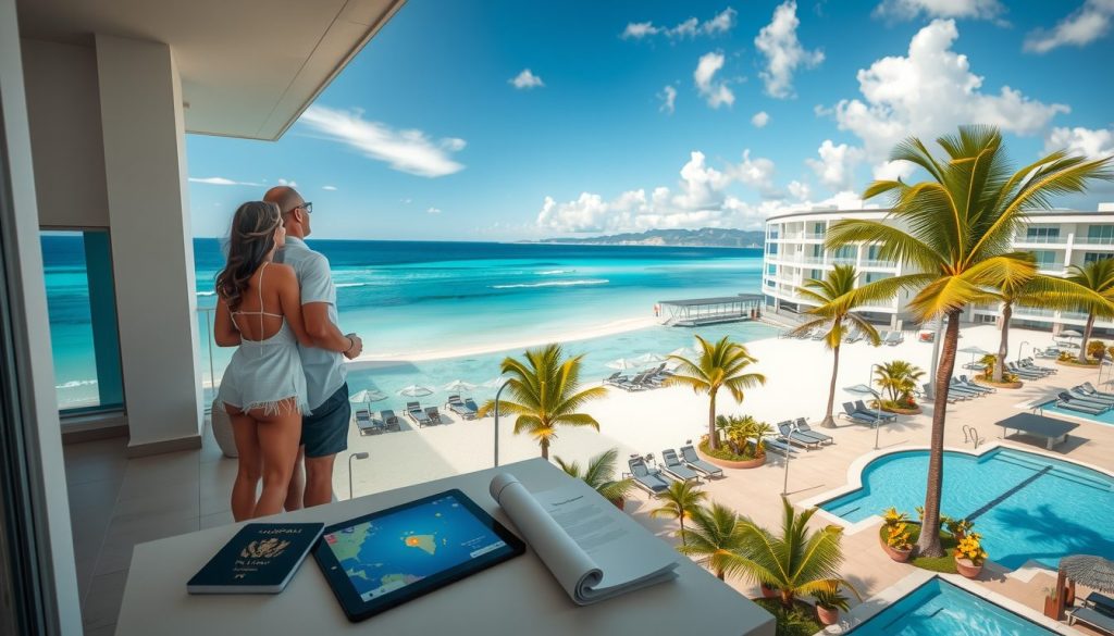 Relaxed pair in light resort clothing on a balcony rail, watching calm turquoise waves and sunlit pools at a contemporary beachfront hotel